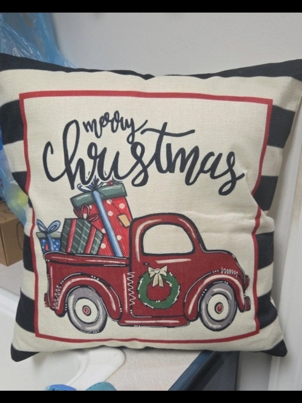 Merry Christmas Red Holiday Truck Decorative Pillow